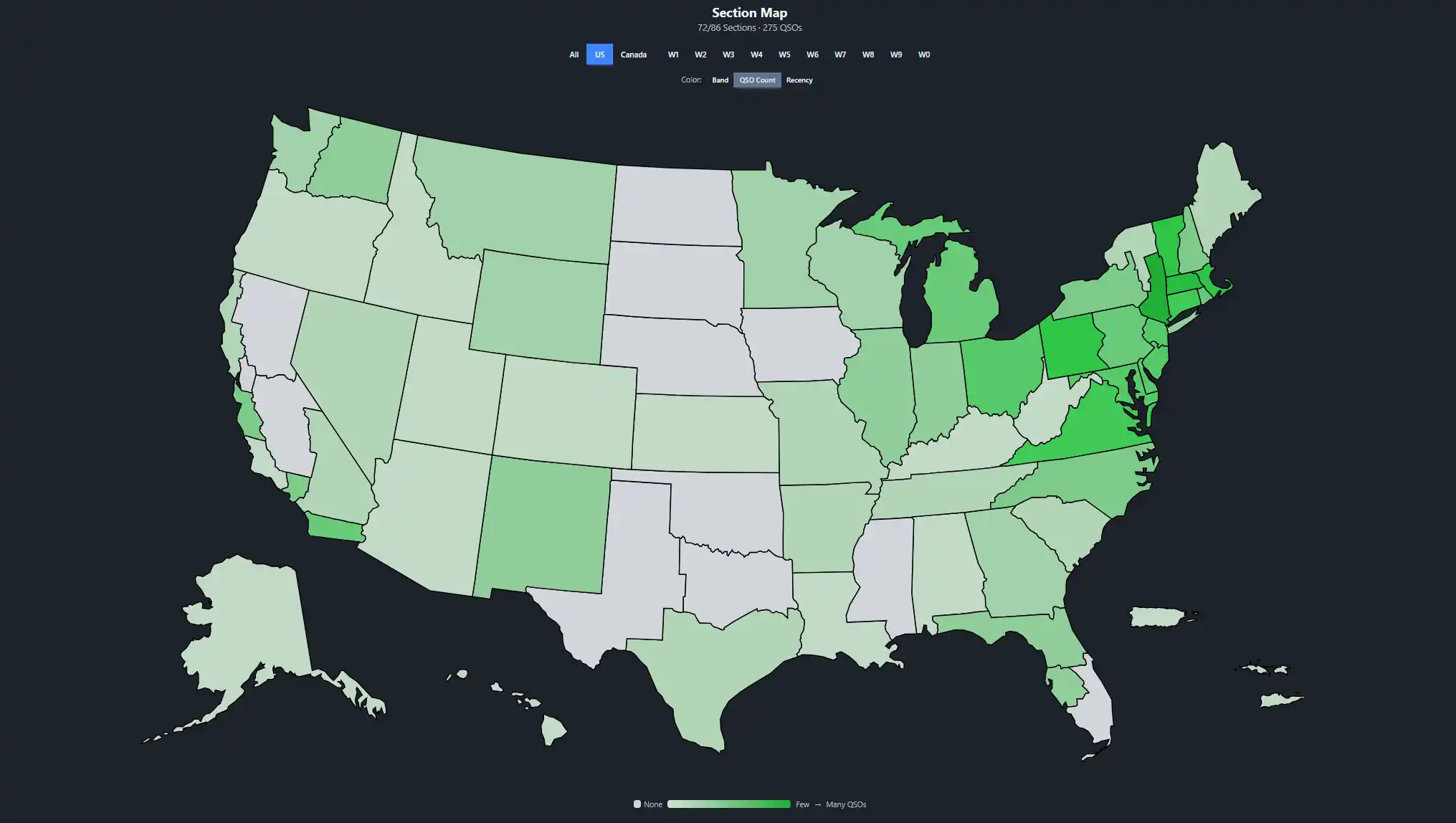 FD Commander Section Map showing ARRL sections colored by QSO count across the United States